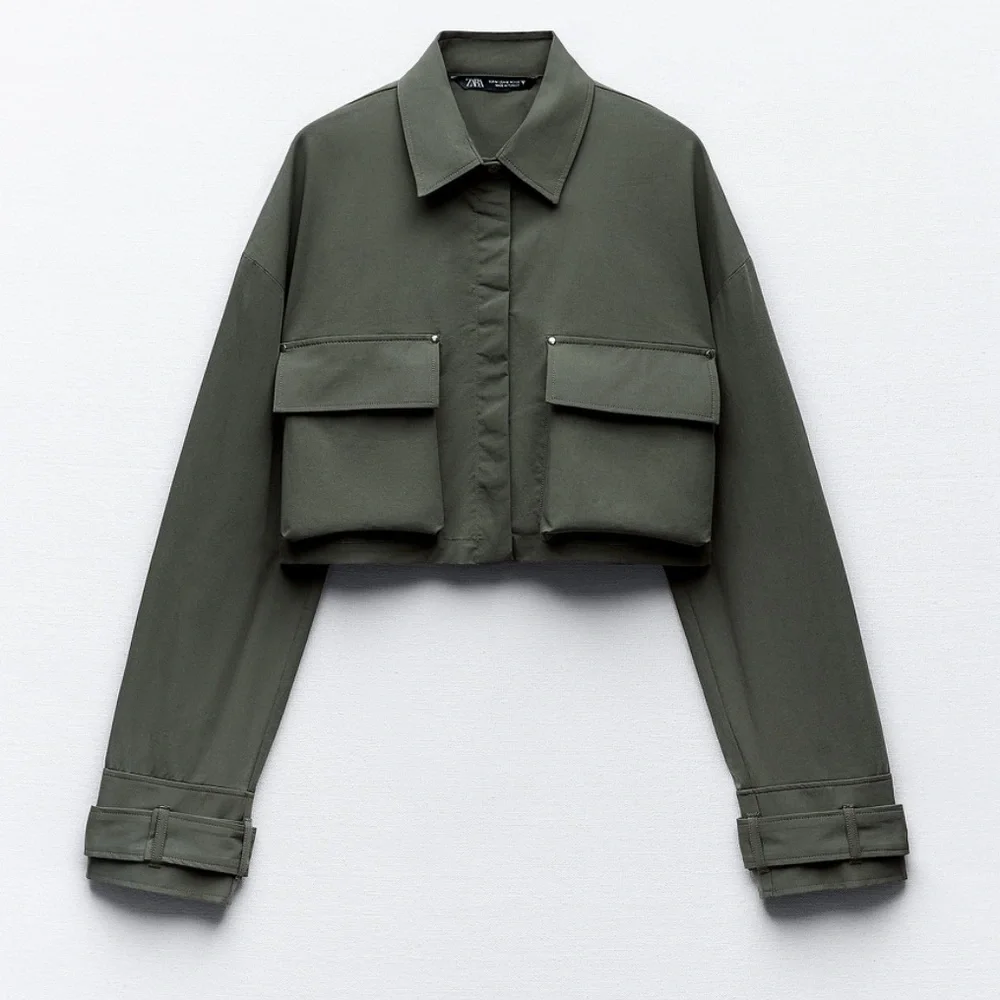 NWT ZARA KHAKI GREEN UTILITY STYLE CROPPED JACKET SHIRT - Picture 1 of 6